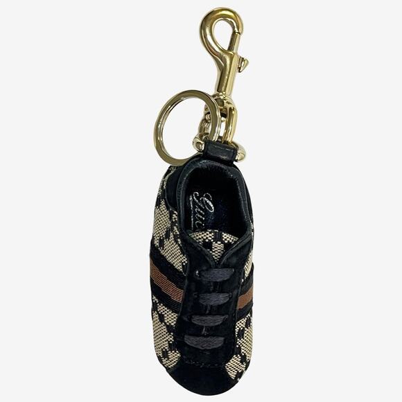 Gucci Mini Sneaker Key Ring Charm Canvas Leather Gold Hardware Made In Italy - Picture 1 of 8